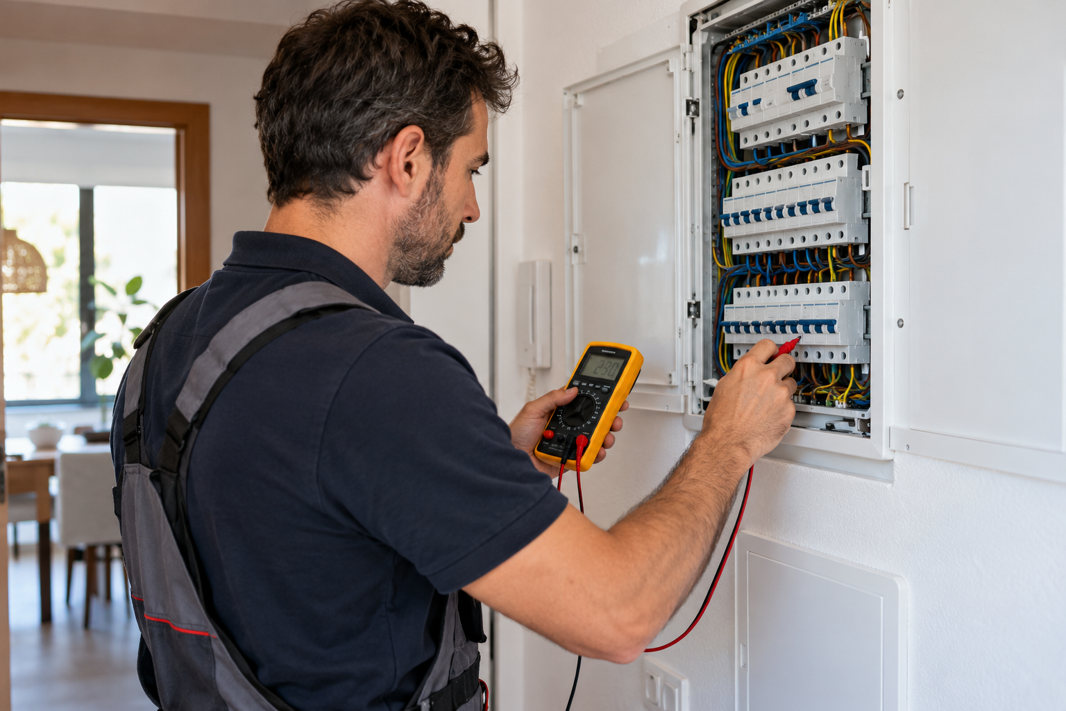 Electricista revisant un quadre elèctric amb un comprovador